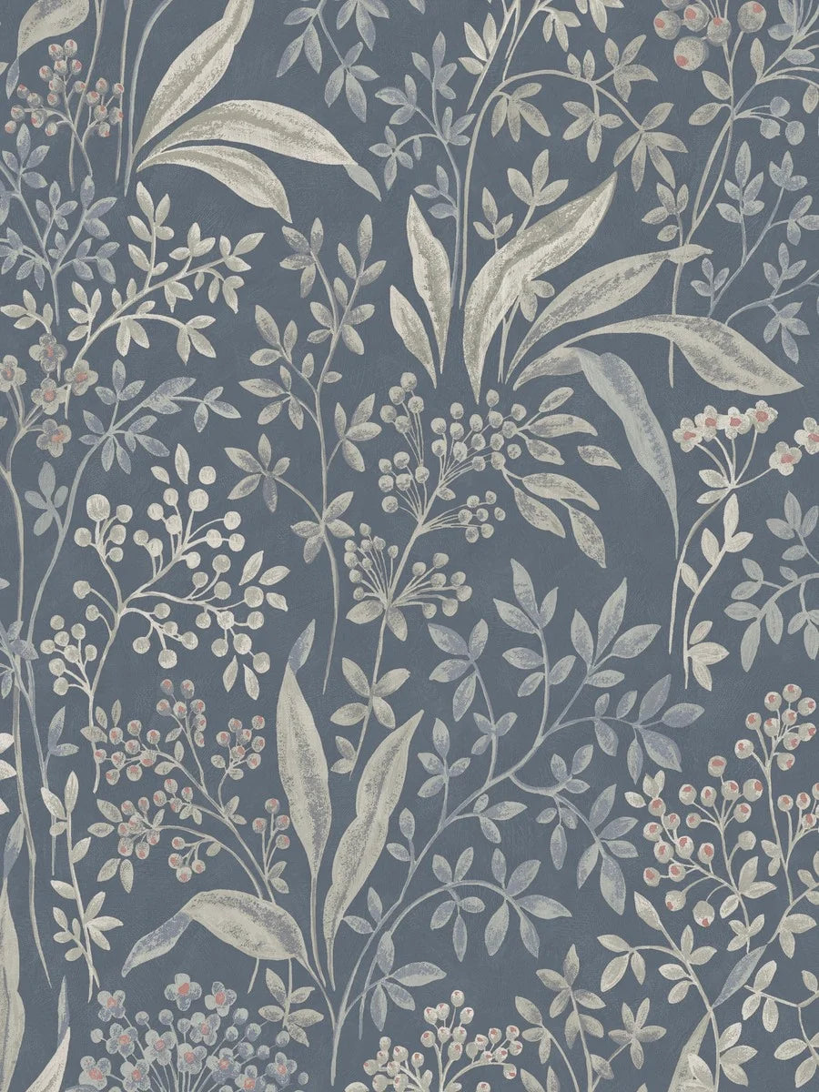 Nocturne Grand is a mural wallpaper featuring winding leaves, small flowers, and seed pods – a large-scale pattern softened by the chalk-like surface of the background.
