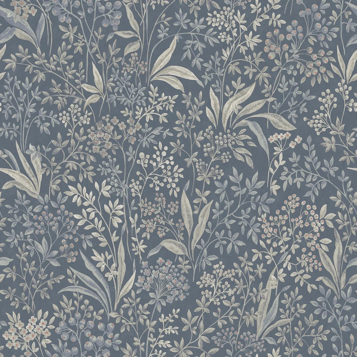 Nocturne Grand is a mural wallpaper featuring winding leaves, small flowers, and seed pods – a large-scale pattern softened by the chalk-like surface of the background.