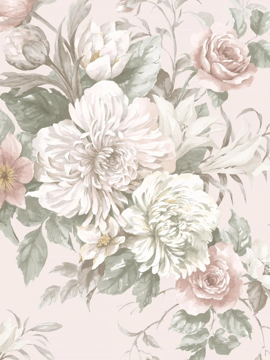Experience the romantic, large-flowered Floral Charm wallpaper as a mural.