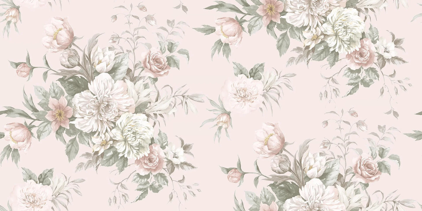 Experience the romantic, large-flowered Floral Charm wallpaper as a mural.