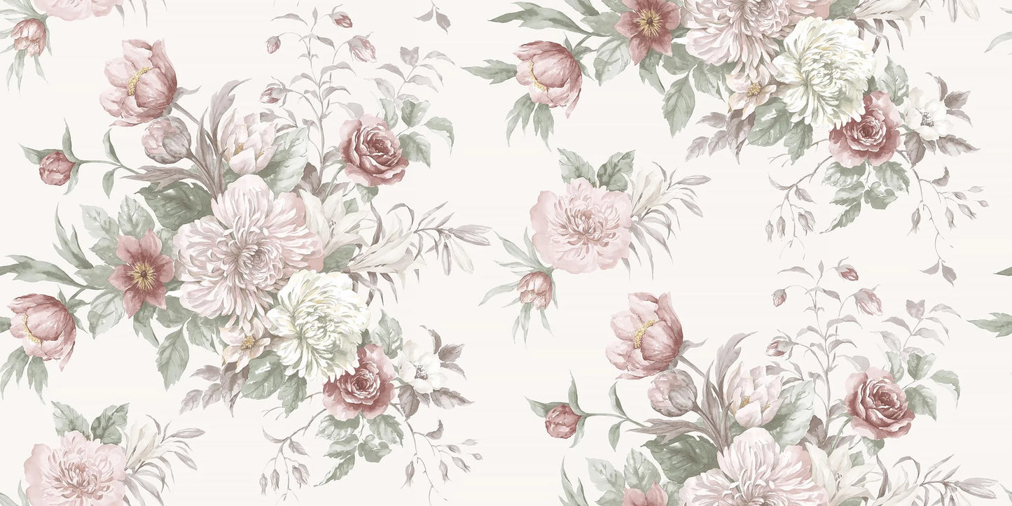 Experience the romantic, large-flowered Floral Charm wallpaper as a mural