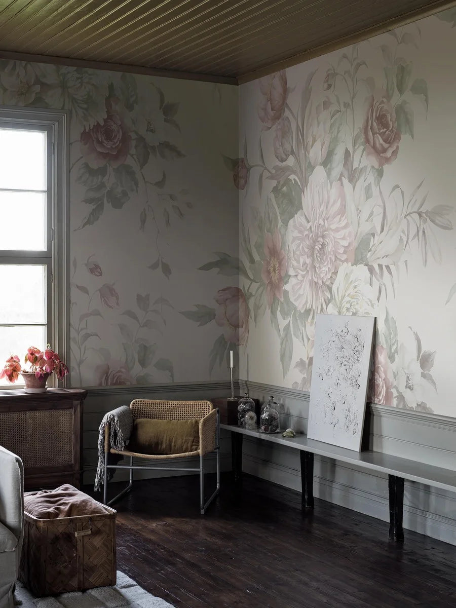 Experience the romantic, large-flowered Floral Charm wallpaper as a mural