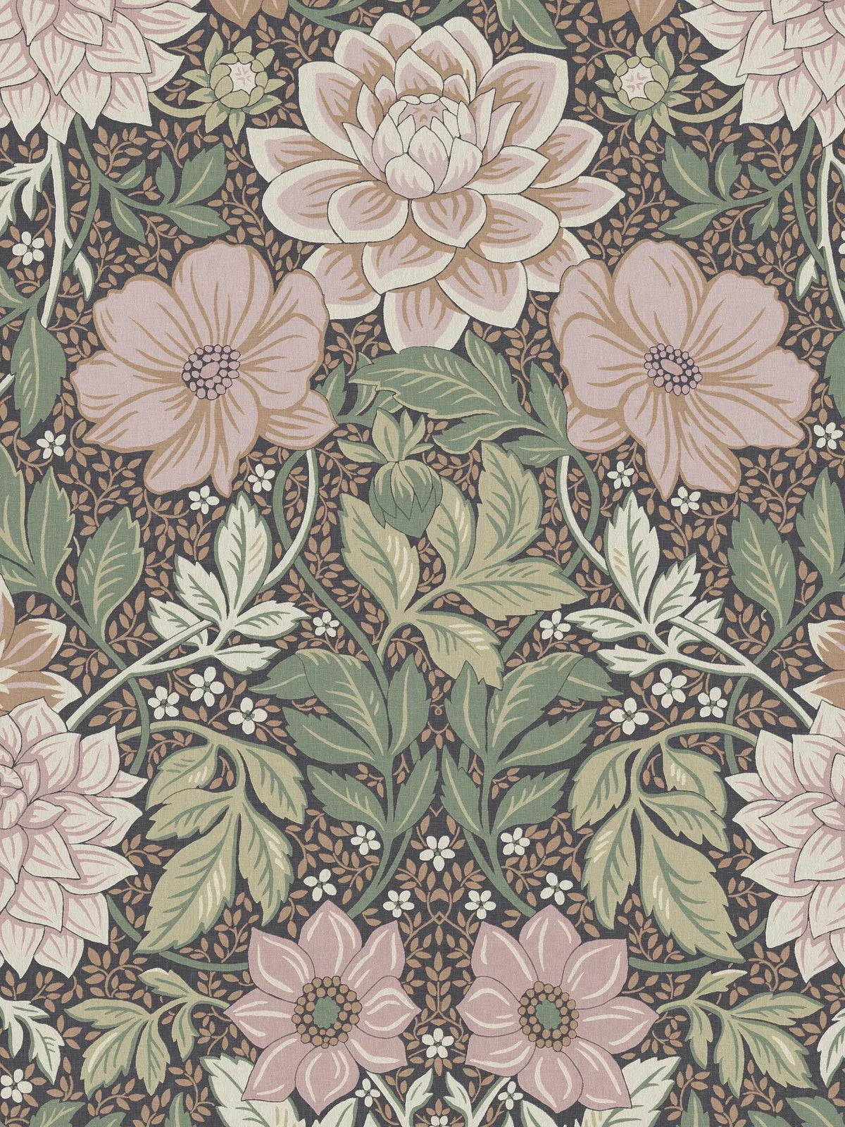 Dahlia Garden Grand mural Wallpaper's color palette is warm, soft, and inviting: pink, cream, light terracotta, and warm green shades on a dark background. The wallpaper is custom fit to your wall.