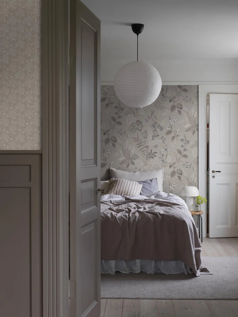 Folklore Grand is an enlarged digital print of the rustic 1950s Folklore wallpaper. The charming, hand-painted pattern takes on a bolder character in its new, larger scale.