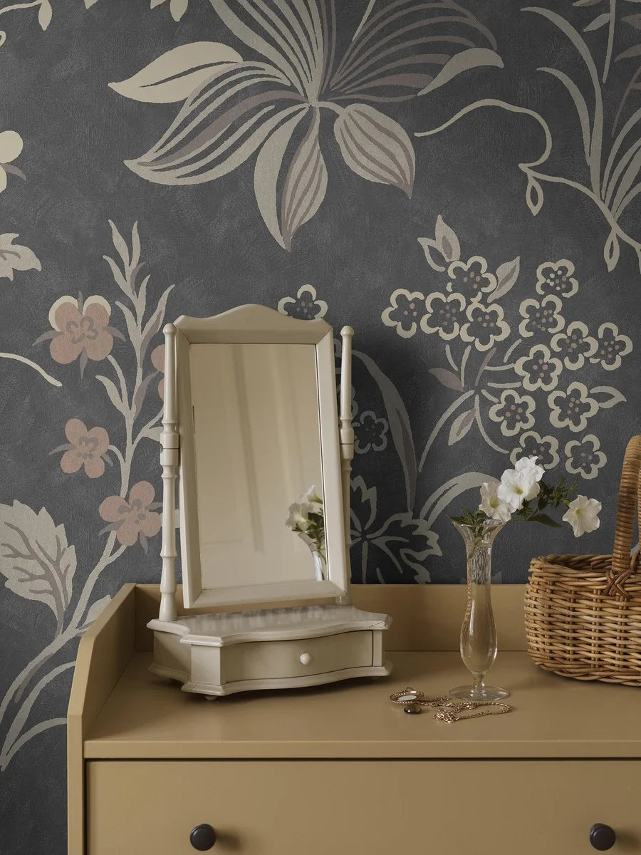 Across the Folklore Grand mural, the hand-painted floral pattern of Folklore winds in a dramatically enlarged scale.