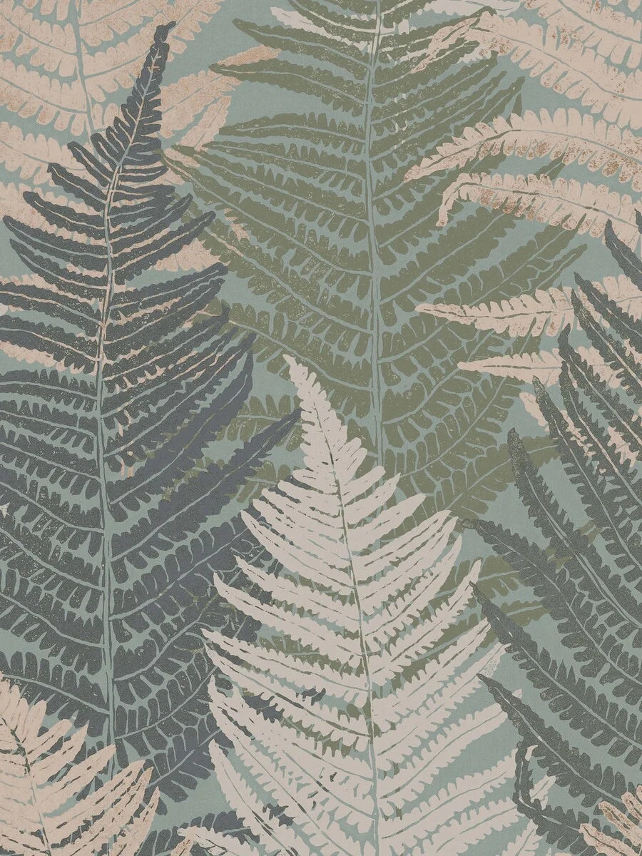Fern Forest Grand is a large-scale mural featuring layers of stylized fern leaves – an enlarged digital print of the Fern Forest wallpaper.