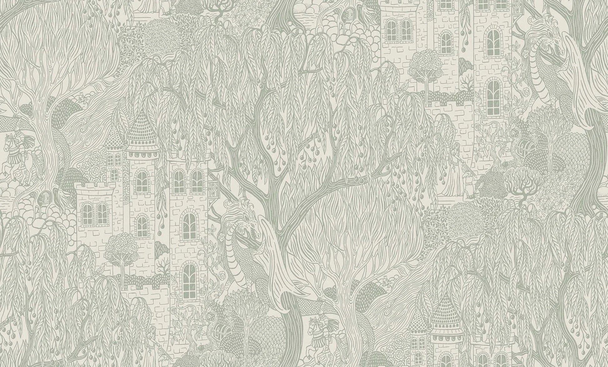 Kingdom of the Willow Grand is filled with an enchanted forest of princesses, dragons, secret treasure chests, and magical castles – an enlarged digital print of the whimsical Kingdom of the Willow wallpaper.