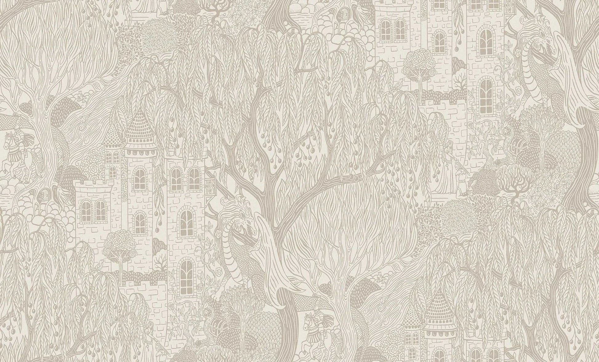 On the bright Kingdom of the Willow Grand wallpaper, castle towers stretch high into the crowns of the willows.