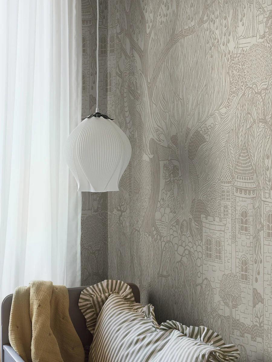 On the bright Kingdom of the Willow Grand wallpaper, castle towers stretch high into the crowns of the willows.