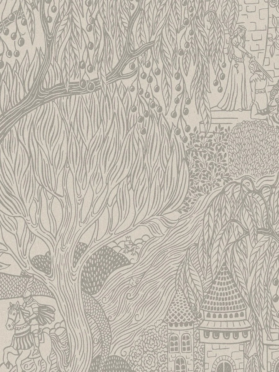 Kingdom of the Willow Grand is an enlarged digital print of a magical, hand-drawn children’s wallpaper, here in grey on a natural-colored base.