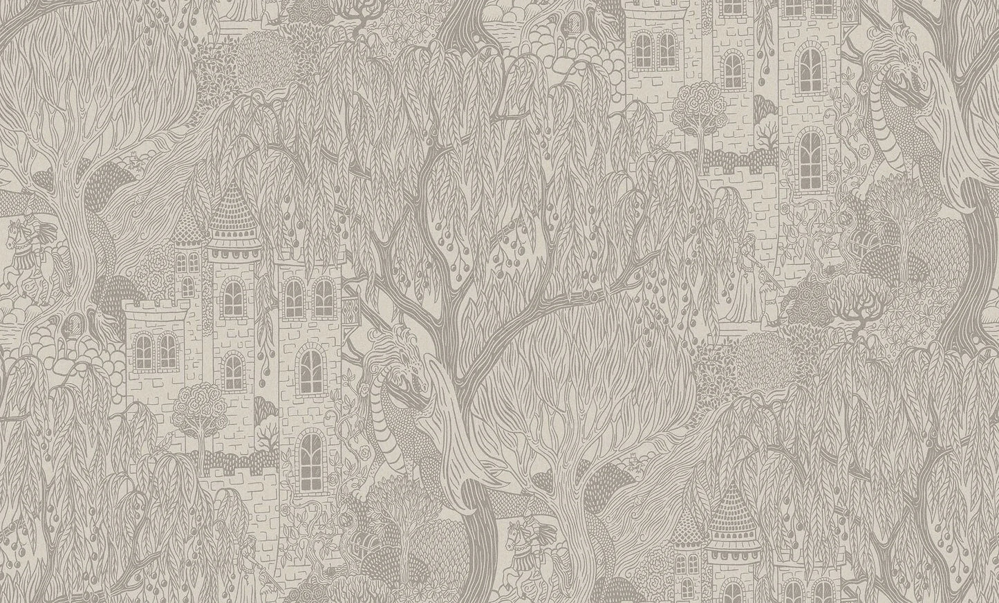 Kingdom of the Willow Grand is an enlarged digital print of a magical, hand-drawn children’s wallpaper, here in grey on a natural-colored base.