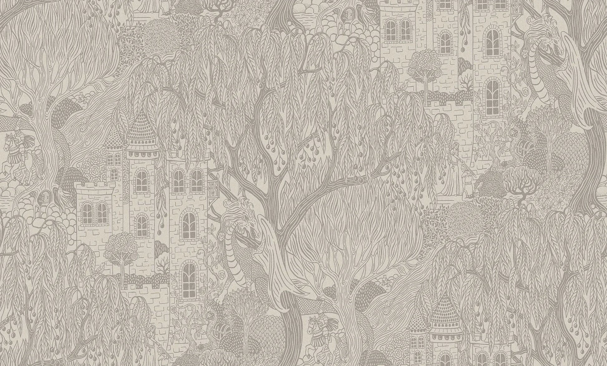 Kingdom of the Willow Grand is an enlarged digital print of a magical, hand-drawn children’s wallpaper, here in grey on a natural-colored base.