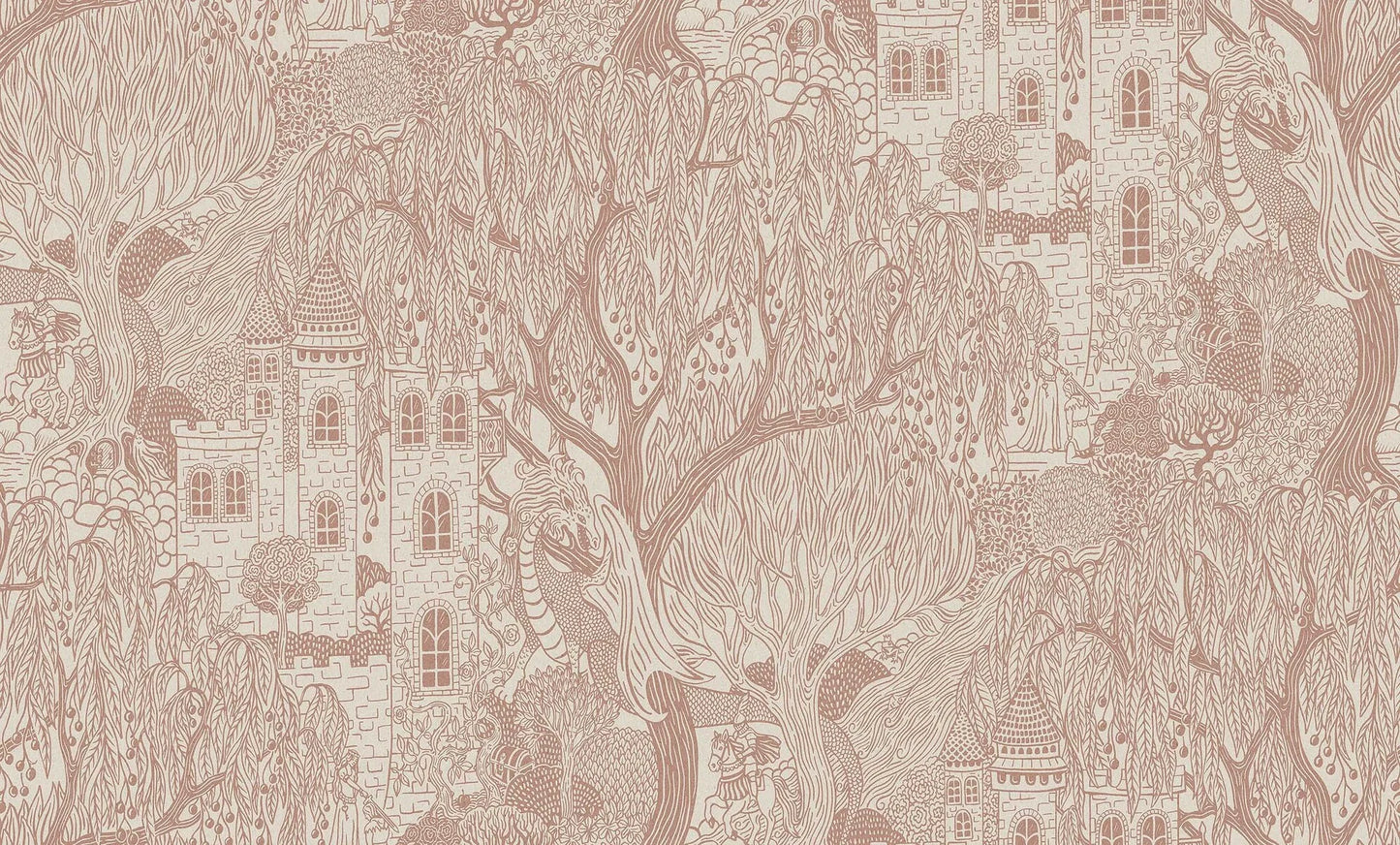 Sculptural willows and stately castles in large scale decorate the Kingdom of the Willow Grand wallpaper.