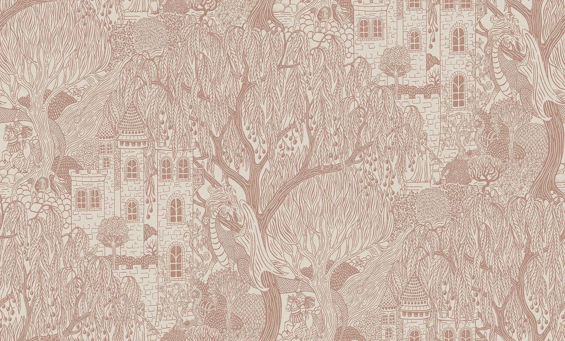 Sculptural willows and stately castles in large scale decorate the Kingdom of the Willow Grand wallpaper.