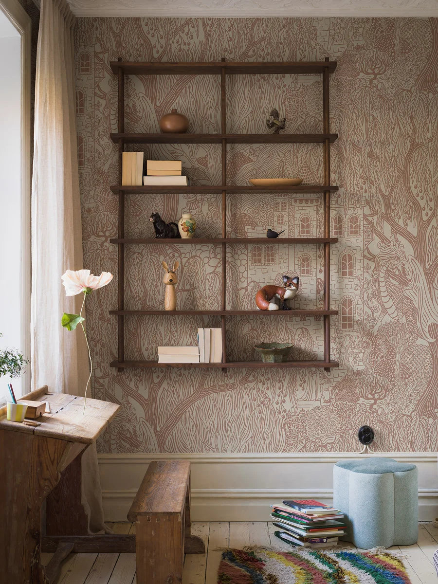 Sculptural willows and stately castles in large scale decorate the Kingdom of the Willow Grand wallpaper.