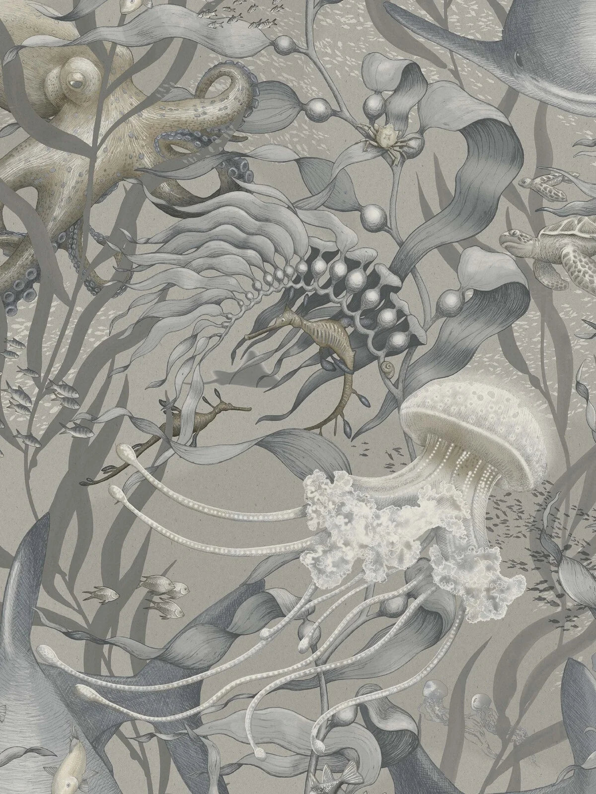 Welcome to the deep sea! The Underwater Magic Grand wallpaper is covered in a large-scale underwater forest of swaying kelp, filled with starfish, jellyfish, turtles, octopuses, and other fascinating creatures.