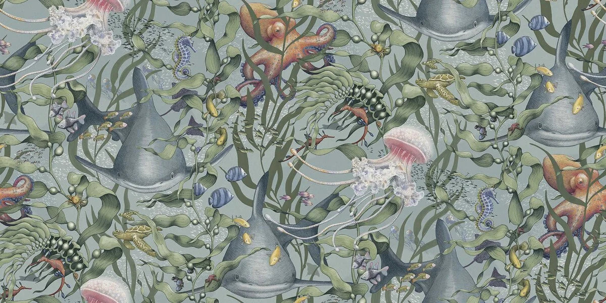 Welcome to the deep sea! The Underwater Magic Grand wallpaper is covered in a large-scale underwater forest of swaying kelp, filled with starfish, jellyfish, turtles, octopuses, and other fascinating creatures.