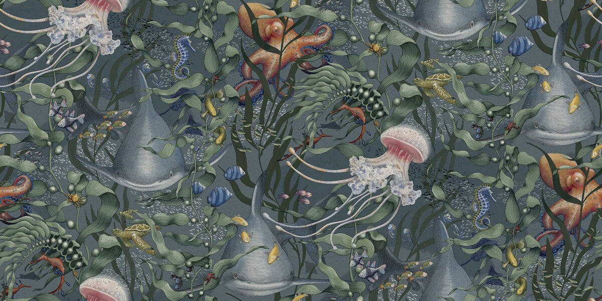 The Underwater Magic Grand wallpaper is covered in a large-scale underwater forest of swaying kelp, filled with starfish, jellyfish, turtles, octopuses, and other fascinating creatures.