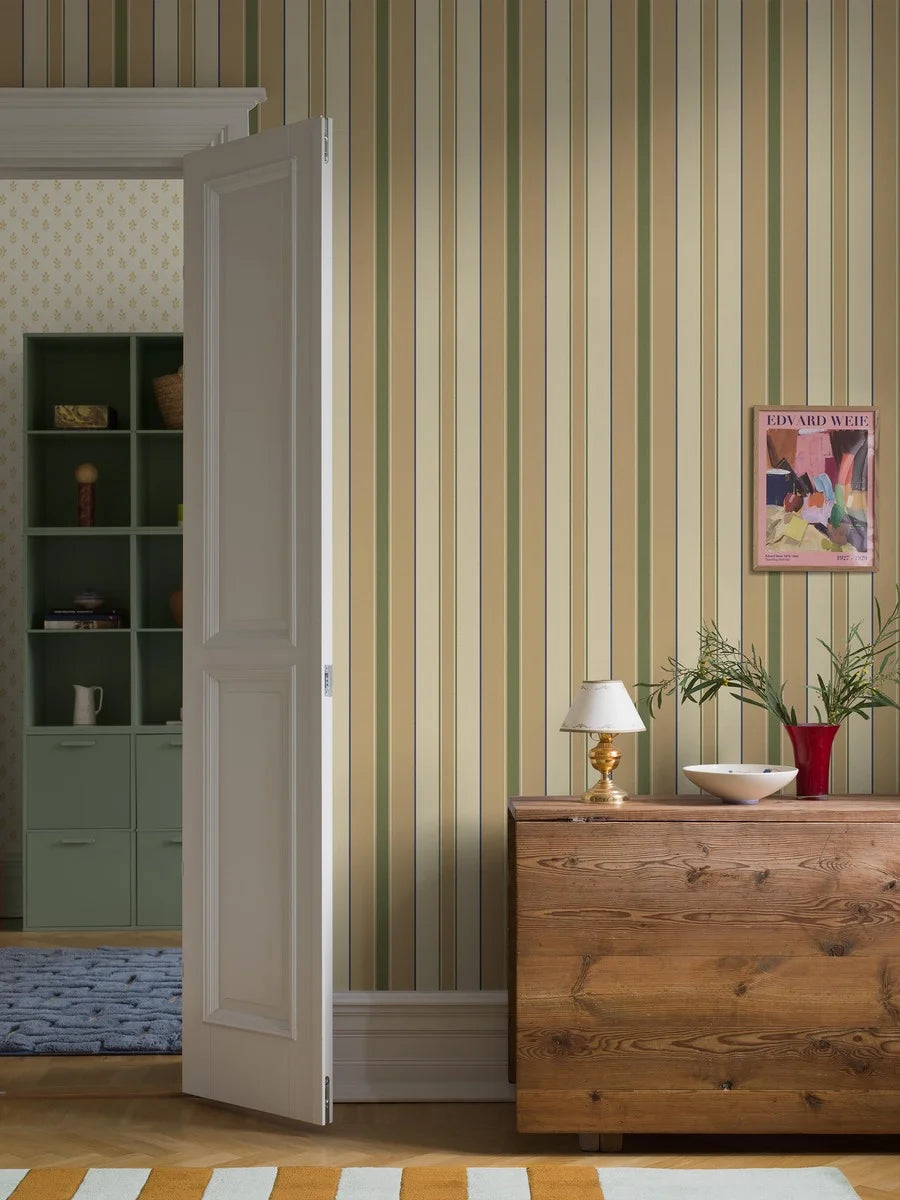 Stockholm Stripe is a timeless striped wallpaper, digitally printed on an extra-large scale.