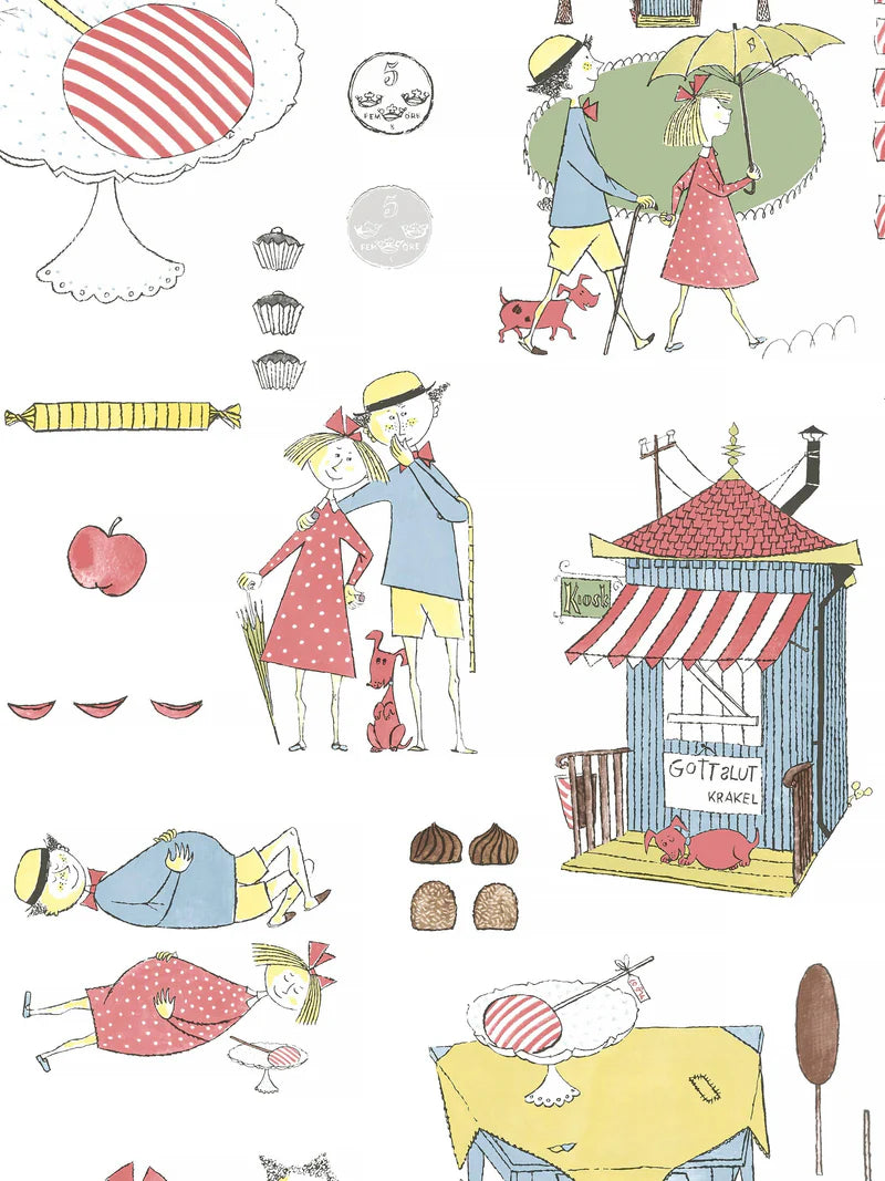 Krakel Spektakel is a colorful, playful mural wallpaper created from Stig Lindberg’s much-loved illustrations in Lennart Hellsing’s book Krakel Spektakel köper en klubba.