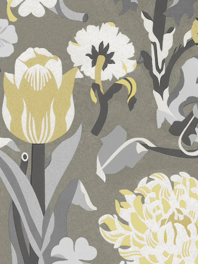 The floral mural wallpaper Myrtle features stylised flowers such as sweet peas, roses and tulips—but above all myrtle, the symbol of love and happiness