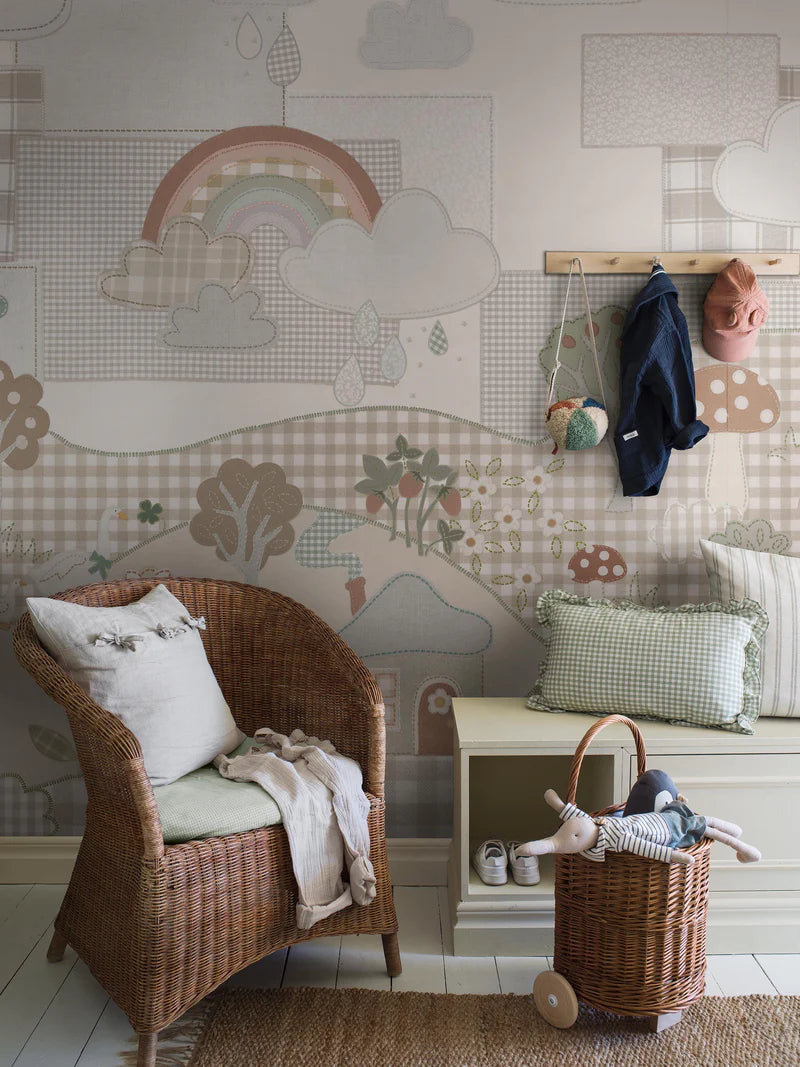 Cottage Patchwork is a playful mural wallpaper in a calm, neutral palette of muted beige, grey, brown, green, and white tones.