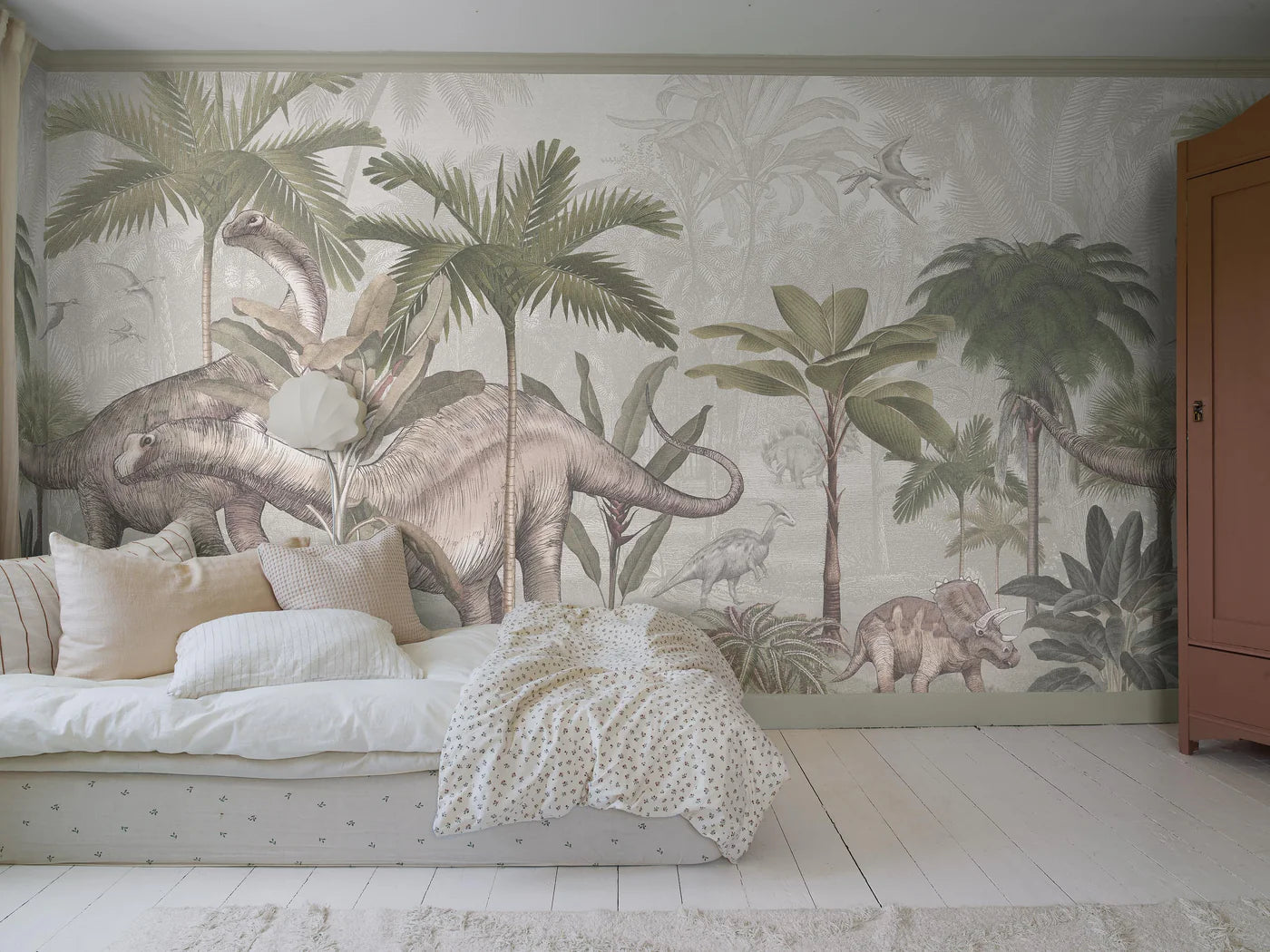 Step back millions of years with Vintage Palms Dinosaurs — a striking mural wallpaper that brings prehistoric giants to life in truly impressive scale.