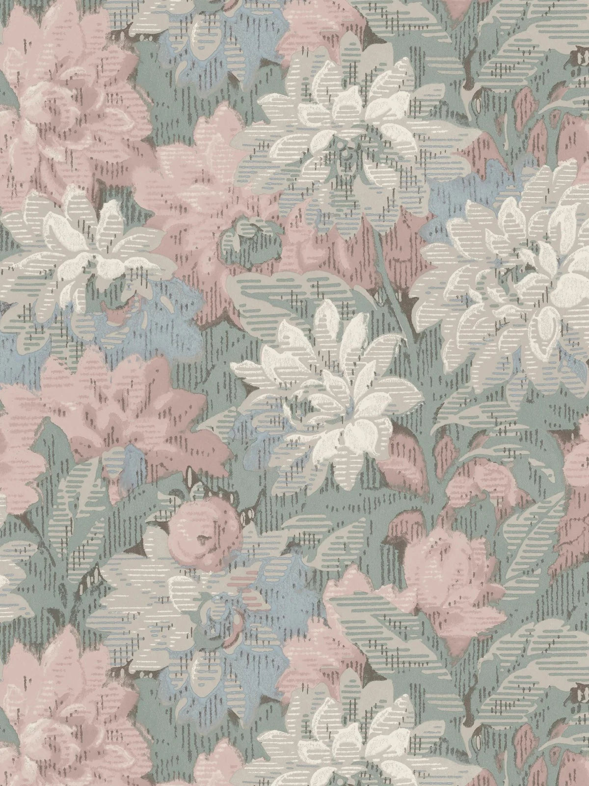Here, Delilah Grand Wallpaper murals lush dahlia design appears in a soft pastel palette: flowers in muted shades of pink, blue, grey and white set against light blue-green foliage.