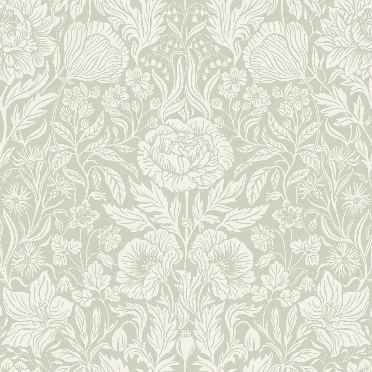 Hildasholm Grand is a large-floral wallpaper inspired by the Hildasholm manor and the garden Hilda Munthe created there in the Arts & Crafts spirit.