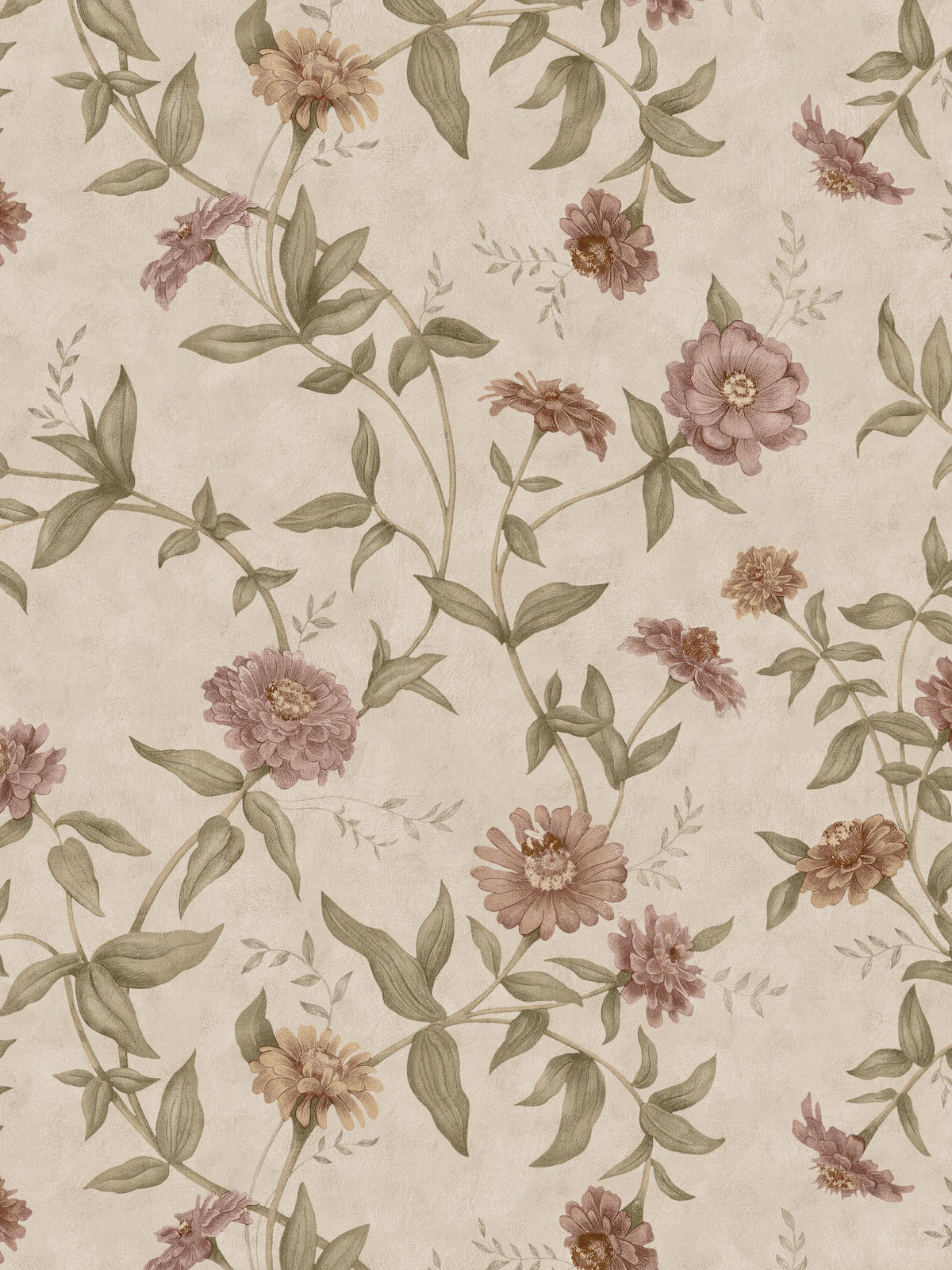 Zinnia Grand All Over is a large-scale floral wallpaper with a softly flowing trail of zinnias climbing across the wall.