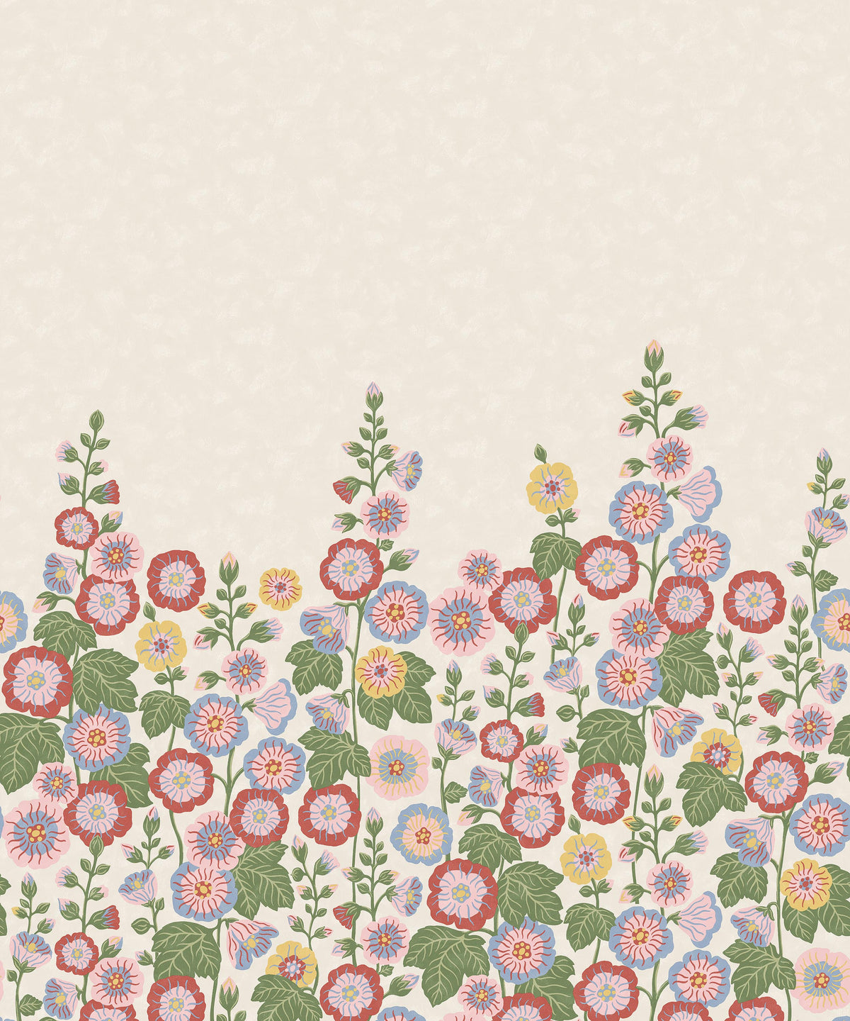 Happy Hollyhocks Grand is a vibrant floral wallpaper where stately hollyhocks adorn the wall with color, joy and character.