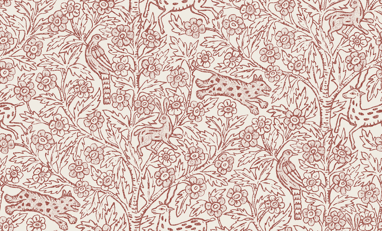 A wallpaper mural inspired by Indian textile art and Arts & Crafts, creating a fantastic pictorial narrative with history and patina.