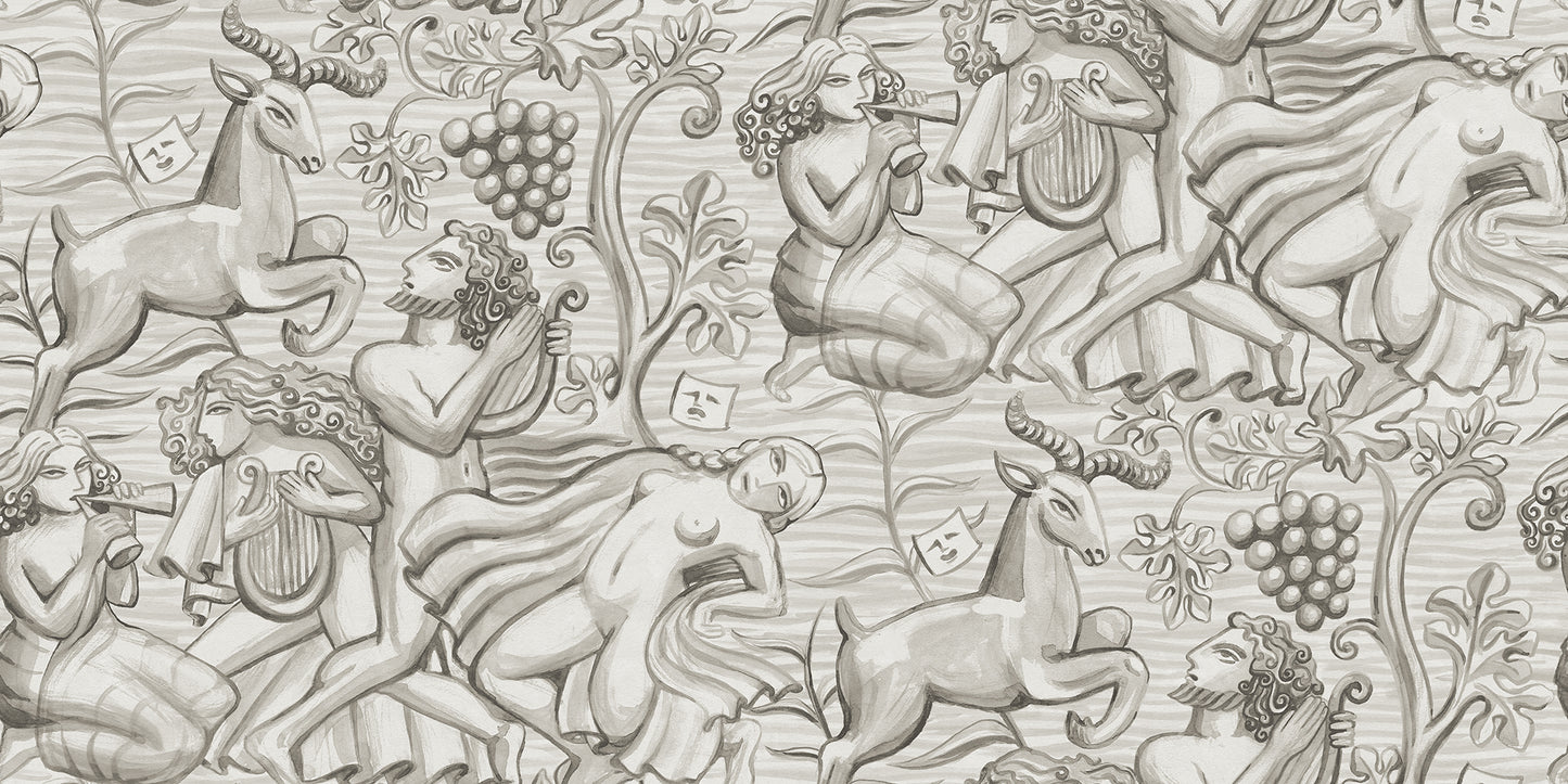 Carl Milles and Anna Petrus's imprint on design history was the source of inspiration for this elegant wallpaper mural. In graphite, Baccus evokes a sense of timeless beauty.