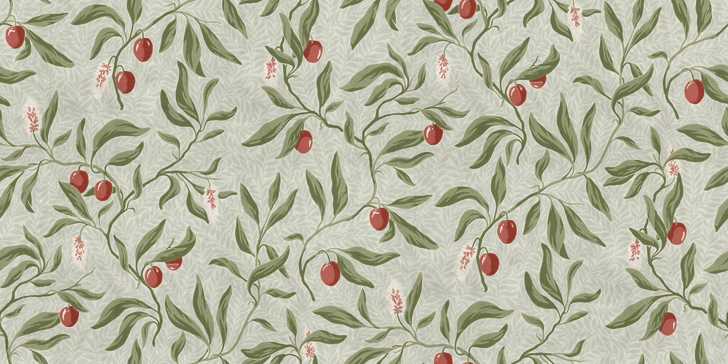 The litchi fruits in our favorite Vinnie wallpaper mural decorate the winding branches and create a lush, classic look