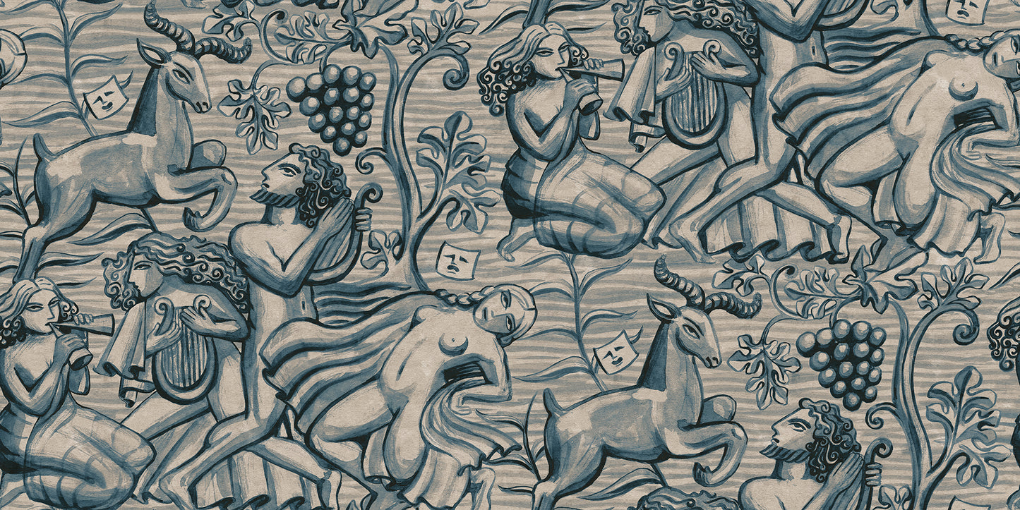 Carl Milles and Anna Petrus's imprint on design history was the source of inspiration for this elegant wallpaper mural. In blue, Baccus evokes a sense of timeless beauty.