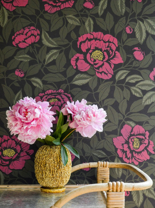 The peony is in bloom for a very short time, but with the most wonderful flowers. Classic, timeless in this wallpaper design.