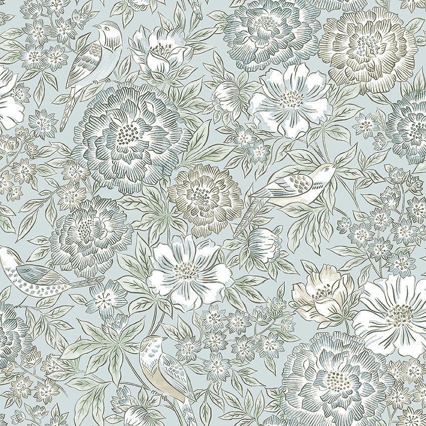Experience the cool and refreshing expression of Dagmar wallpaper colored in shades of cool blue with hints of beige and muted teal green.