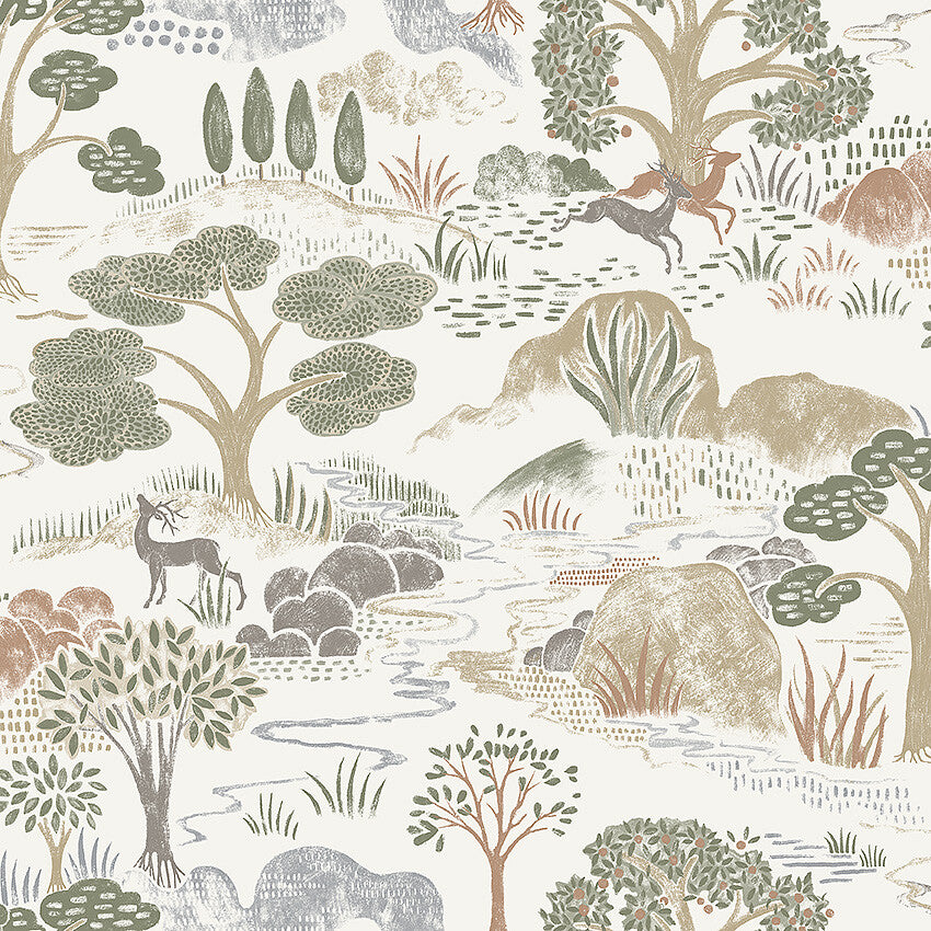 Indulge in the naturalistic allure of our Diana wallpaper in muted tones of olive green, terracotta and warm gray and beige tones.