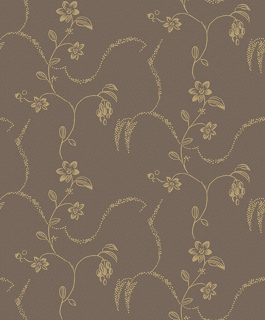 With its rich dark brown background offsetting a luxurious floral pattern in shimmering gold, our Elsie wallpaper has a cosy yet luxurious charm.