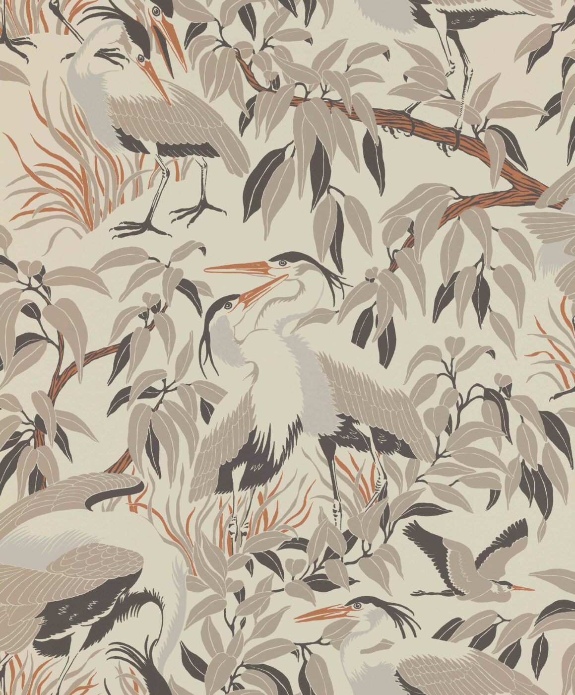 A rhythmic play with formations encouraging the eye to look for the hidden birds in the pattern of this wallpaper.