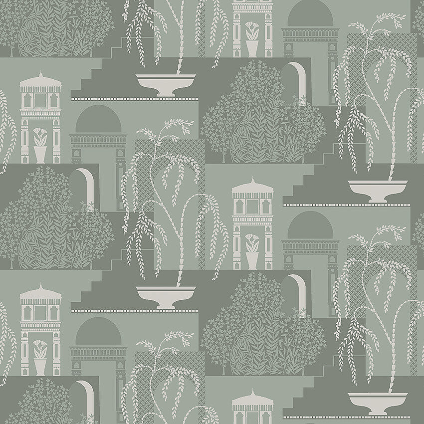 Colored in a muted cool green with a perfectly contrasting light gray, our Mimi wallpaper is indulgent and calming in character.