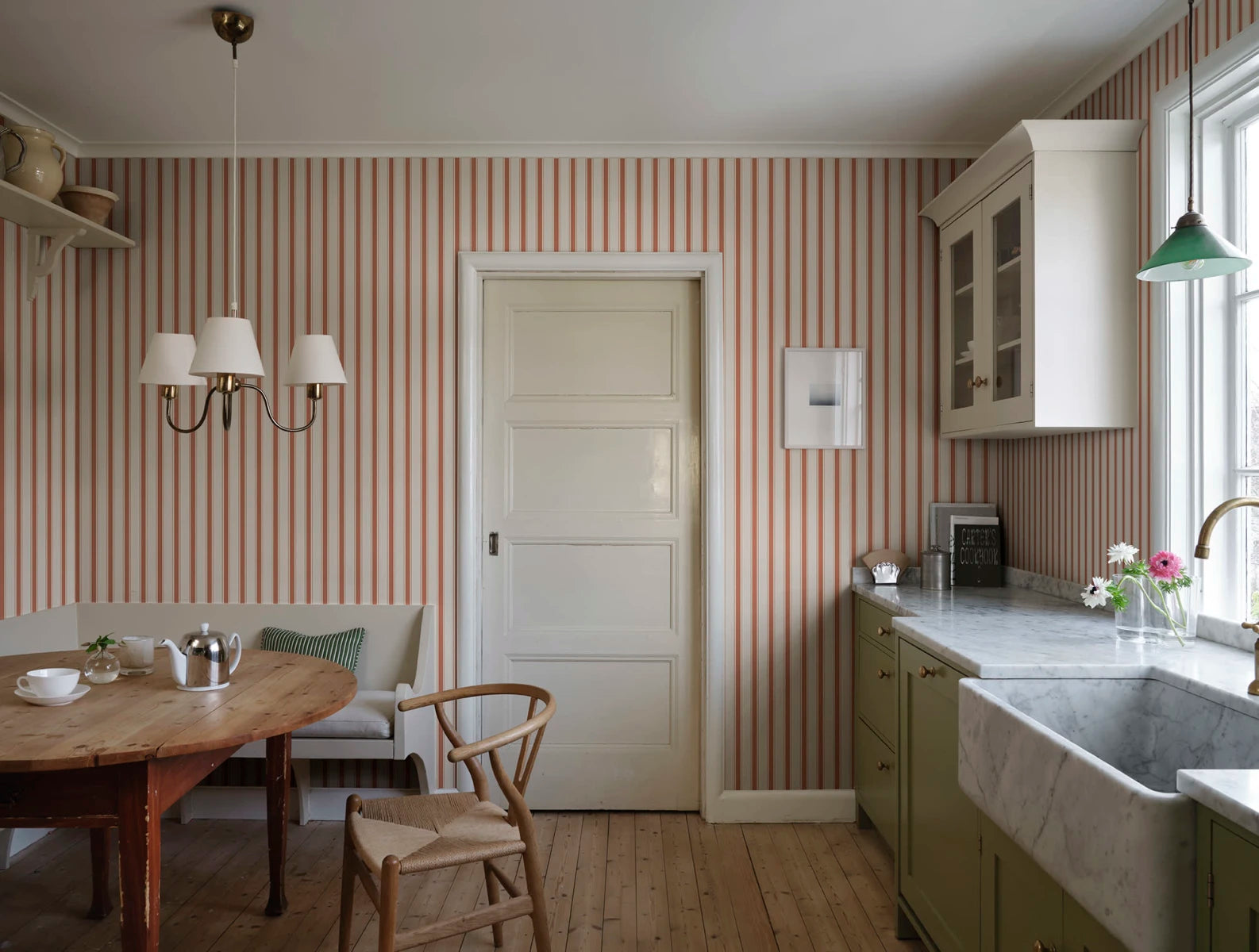 Our classic narrow striped wallpaper with small elegant gold dots is inspired by the beautiful silk draperies and furniture fabrics of the 18th century. 
