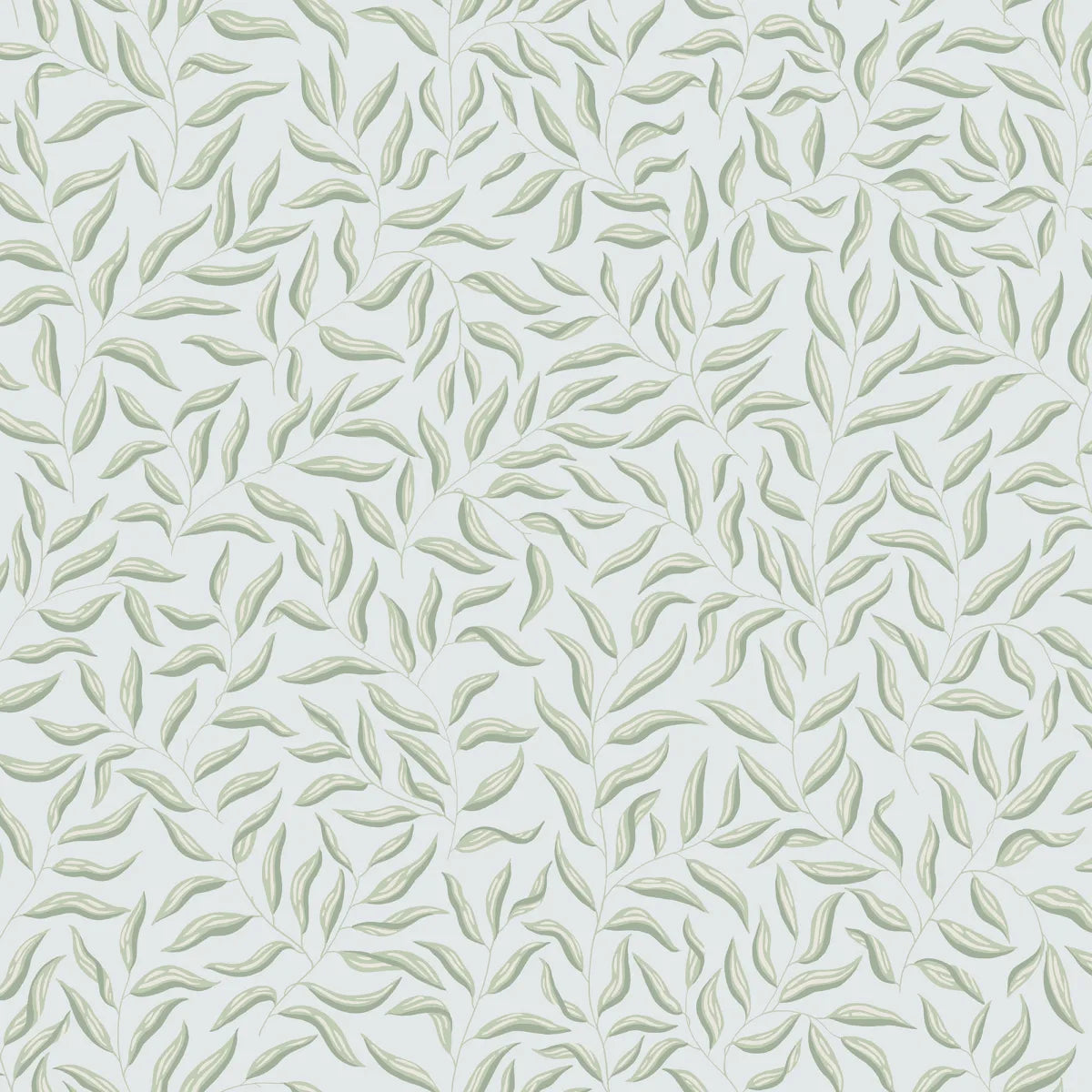 Wallpaper design Karolina, Light Blue, has transparent green leaves against a sky-blue background.