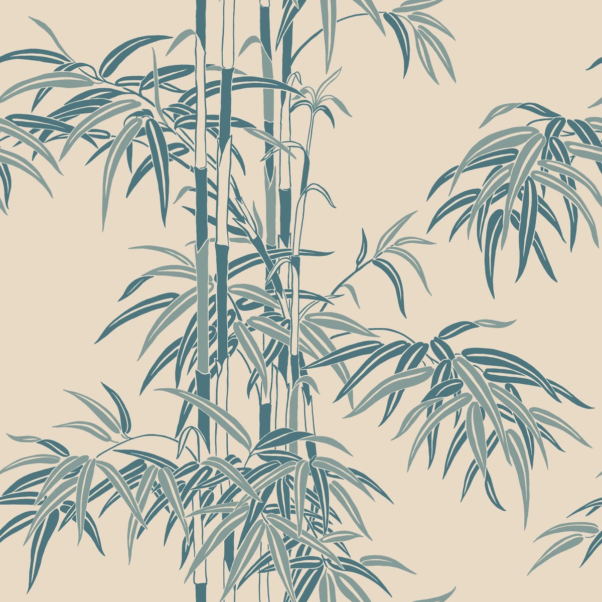 The wallpaper Leon, Misty Blue showcases a soft beige background highlighted with cool blue and green hues.