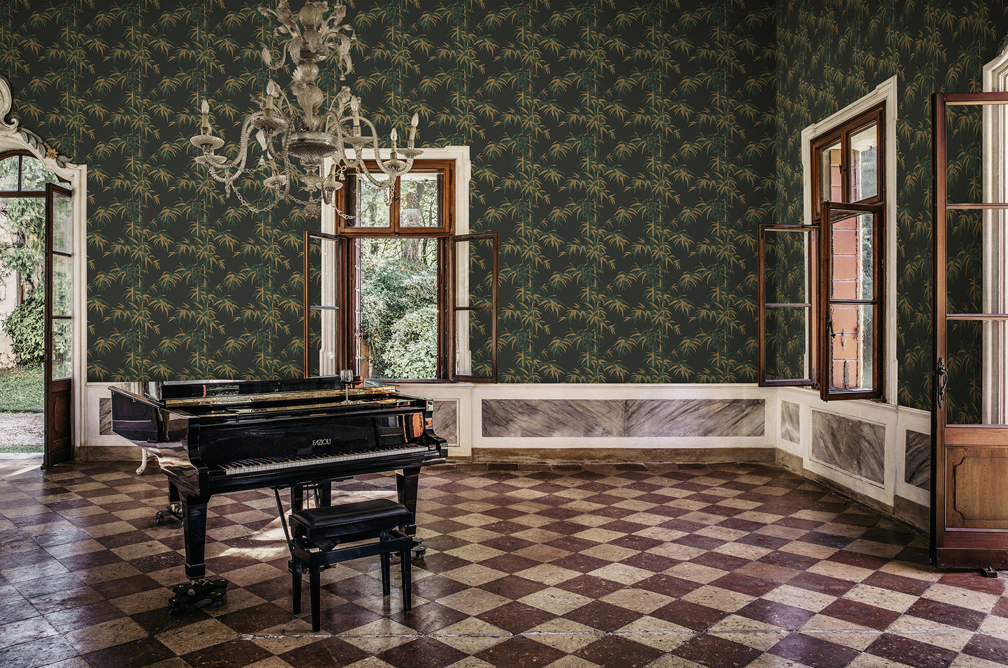 The wallpaper Leon, Charcoal features a dark charcoal background with deep green and yellow highlights.
