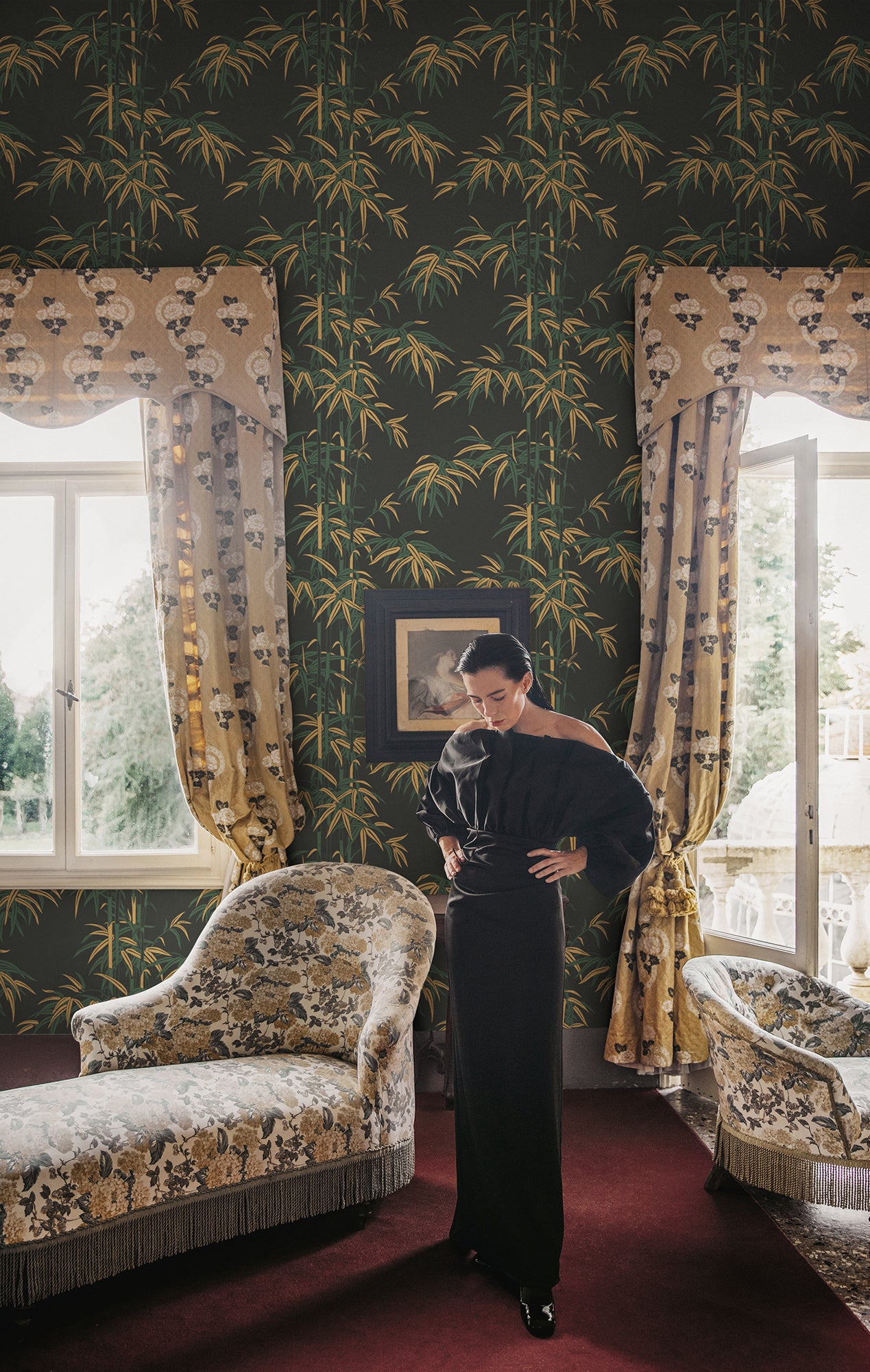 The wallpaper Leon, Charcoal features a dark charcoal background with deep green and yellow highlights.