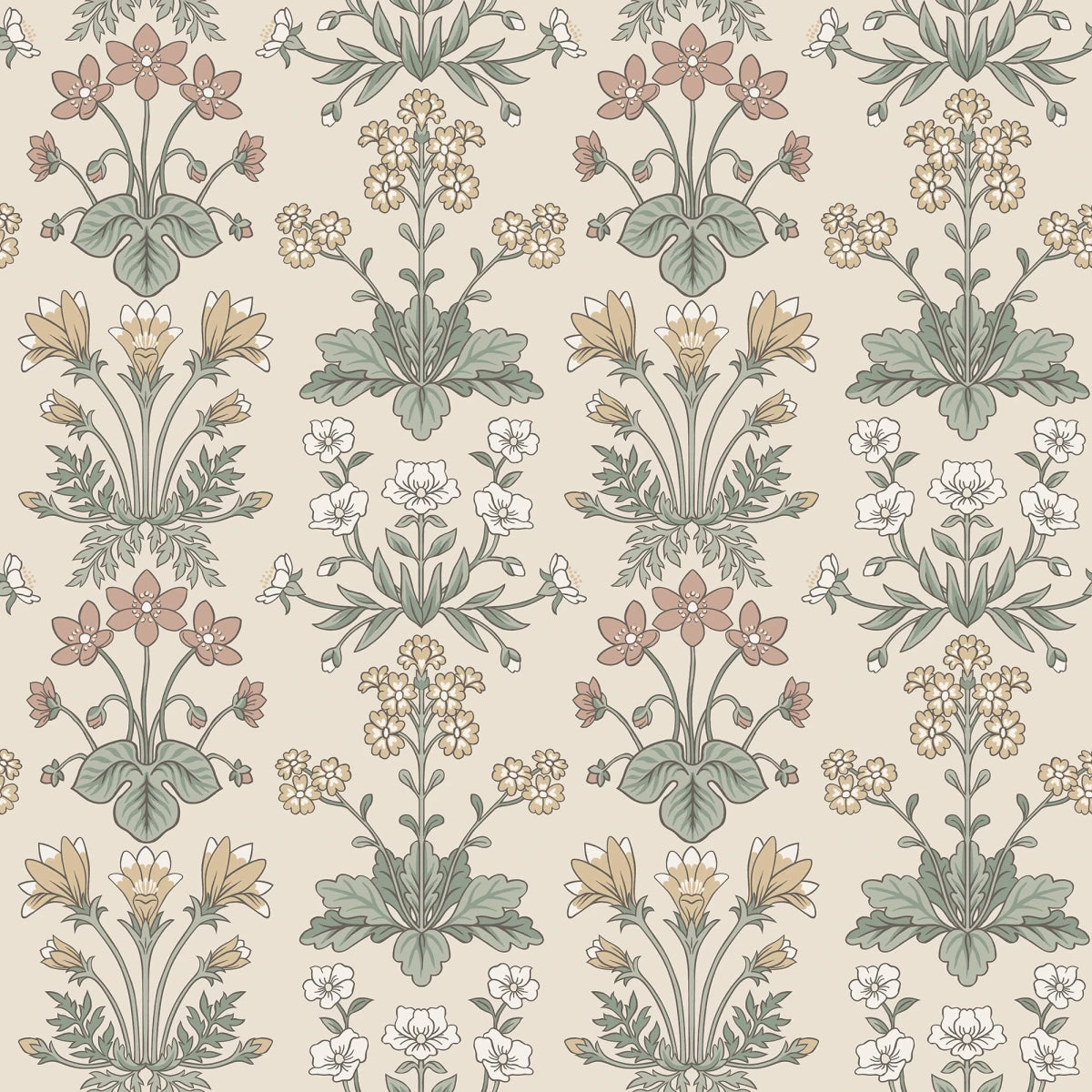 This rare medallion wallpaper includes Bluebell, Wood Anemone, Cowslip, and Sun Rose.
