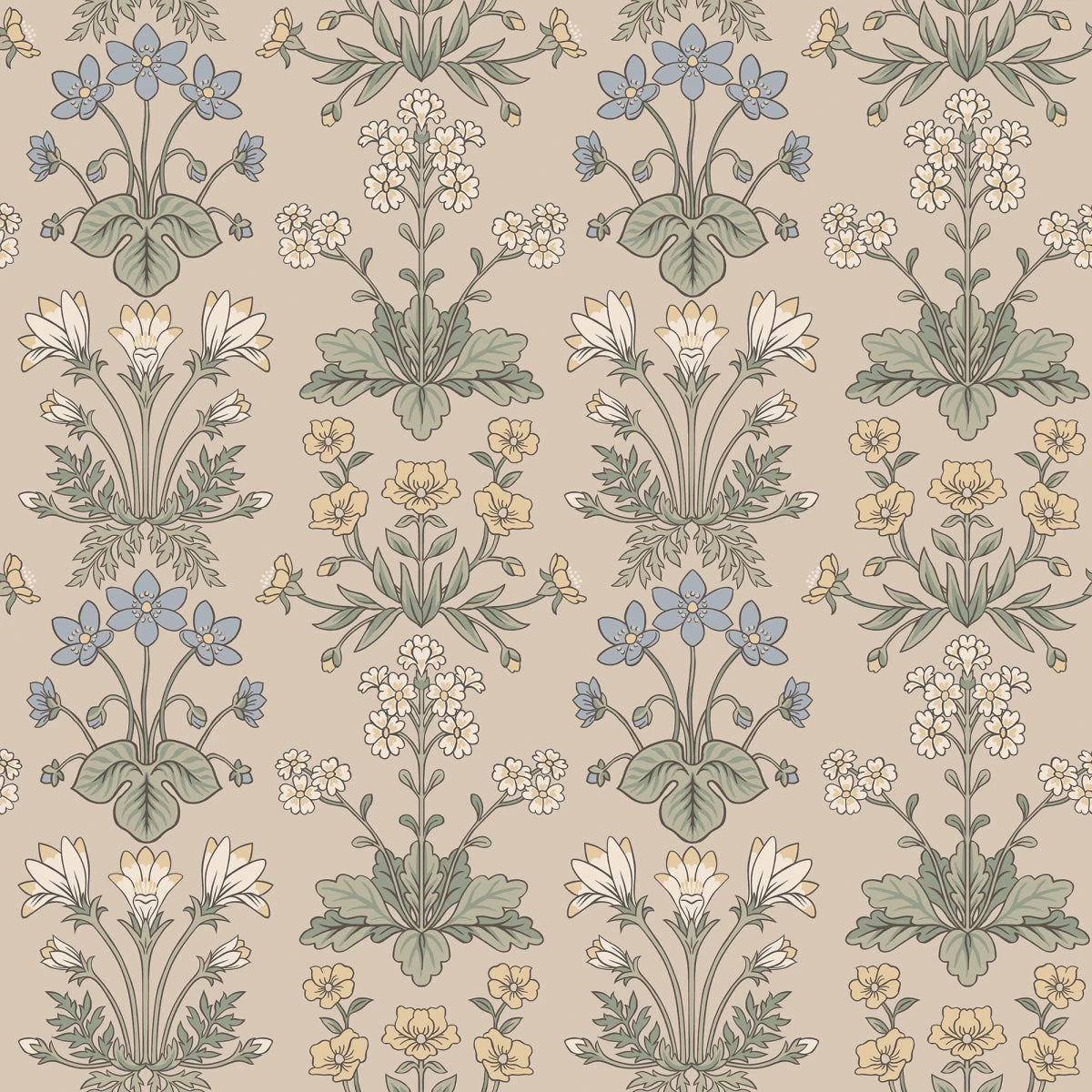 This rare medallion wallpaper includes Bluebell, Wood Anemone, Cowslip, and Sun Rose.