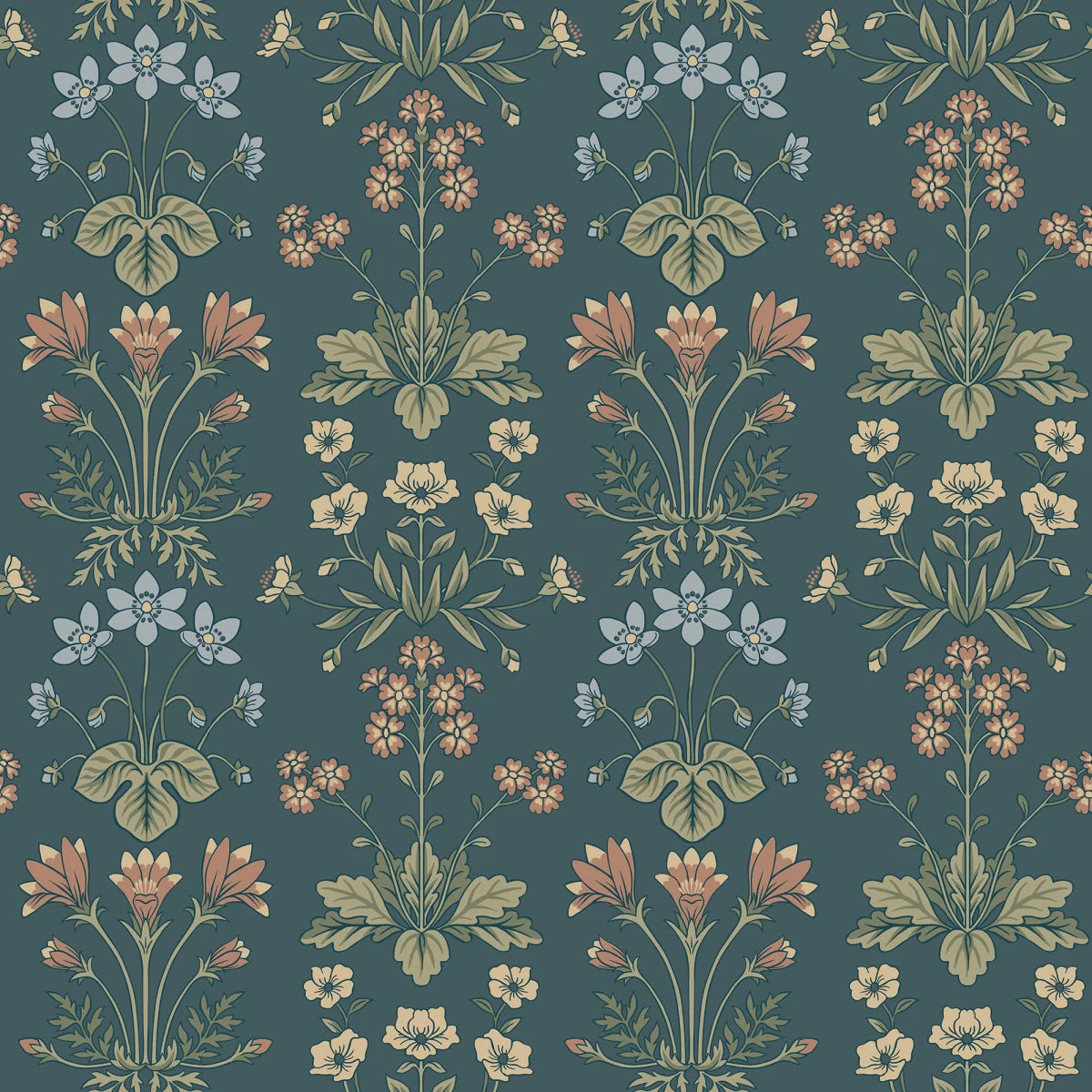 This rare medallion wallpaper includes Bluebell, Wood Anemone, Cowslip, and Sun Rose.