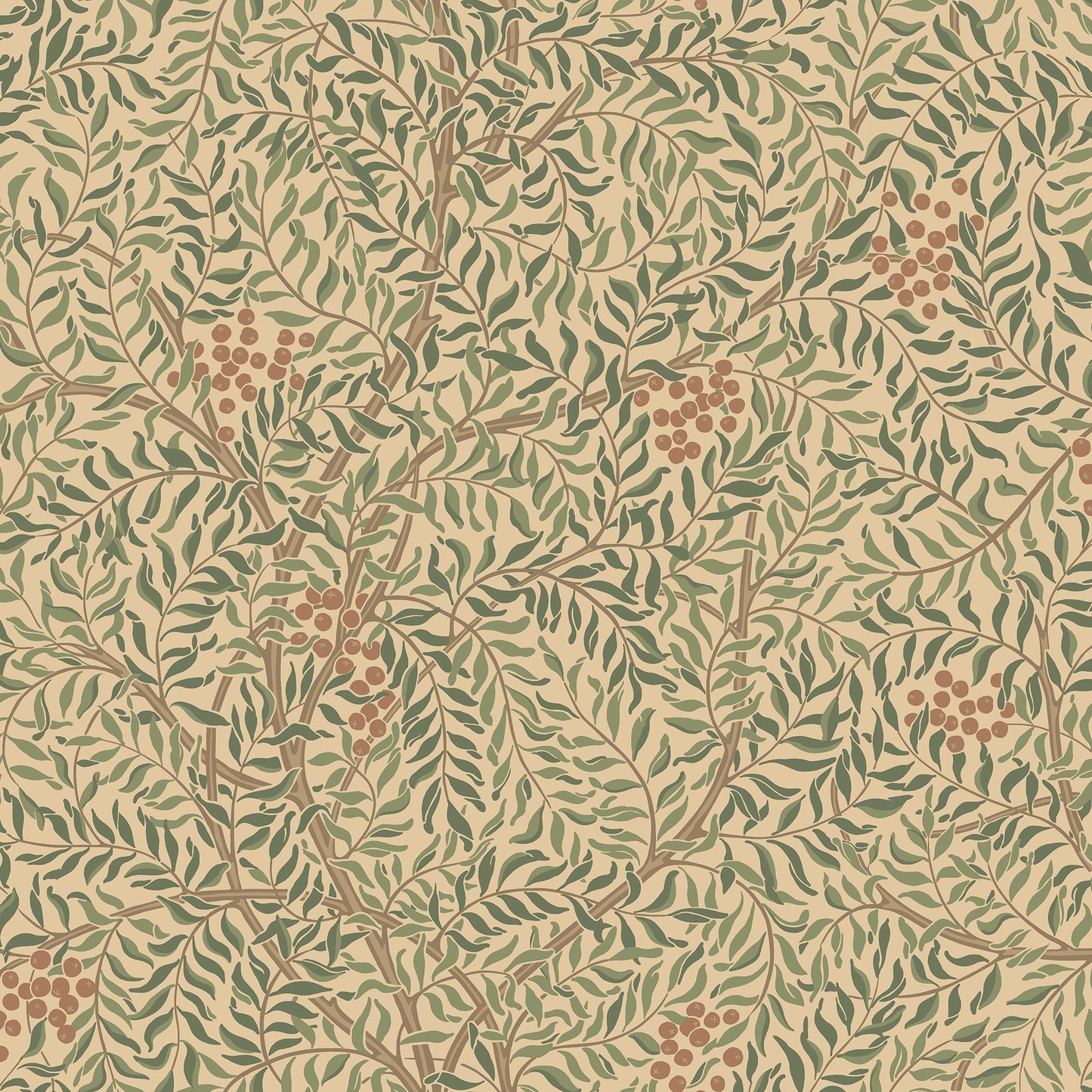 A harmonious surface-printed wallpaper pattern featuring intricate rowan berry branches creates a cozy and welcoming atmosphere with its stylized and enveloping design.